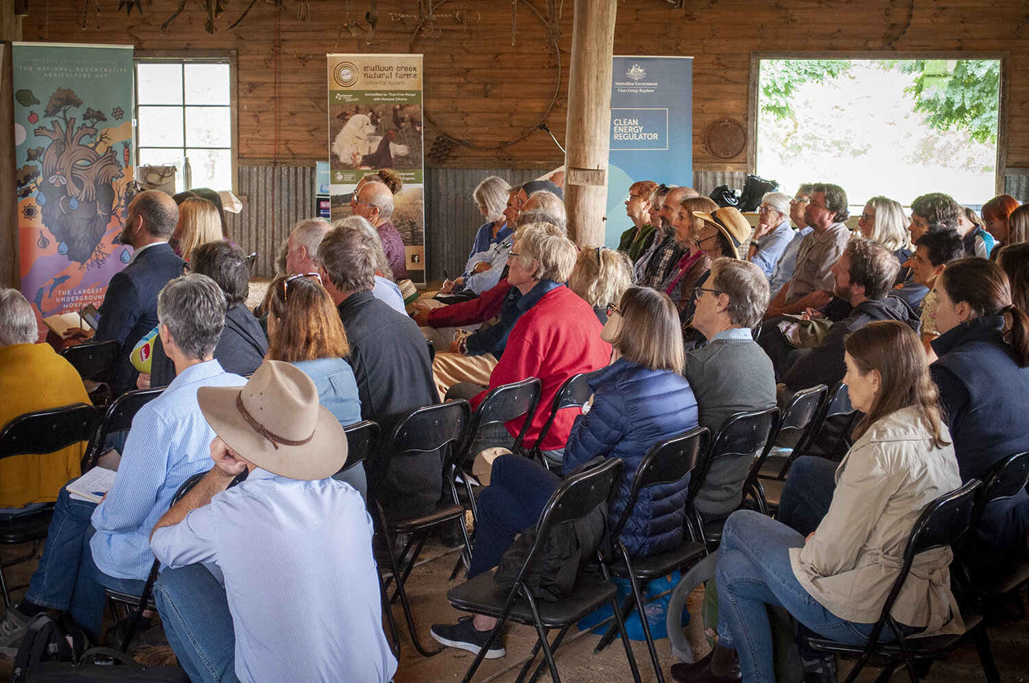  Diverse crowd at the 'Regenerative Agriculture - A Deep Dive into Fire, Carbon and Water' event hosted at&nbsp; Mulloon Creek Natural Farms . 